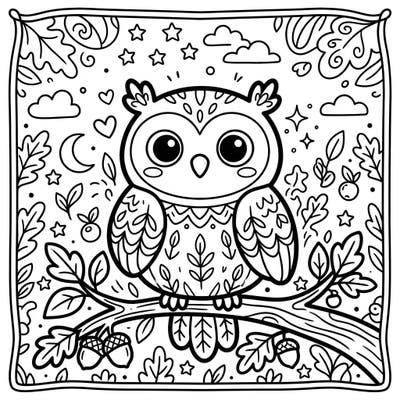 Discover the charm of this adorable Kawaii Owl coloring page, featuring a super cute owl ready for your creative touch. This delightful design is set in a magical forest at night, perfect for a relaxing coloring session.