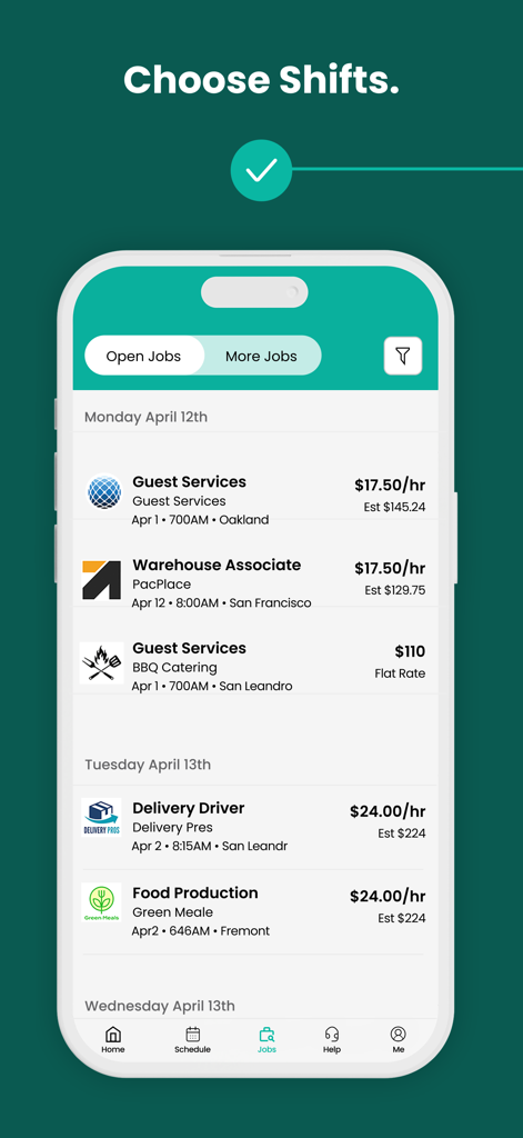 WorkWhile - WorkWhile mobile app screen showing a list of available hourly shifts with job titles and pay rates