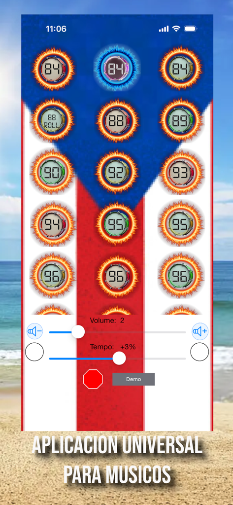 Reggaeton Roots Drum Loops - Reggaeton Roots Drum Loops mobile app interface featuring a grid of drum beat BPM buttons and tempo adjustment sliders over a Puerto Rican flag background