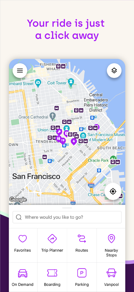 TripShot mobile app interface featuring a real-time transit map of San Francisco and commuter navigation options