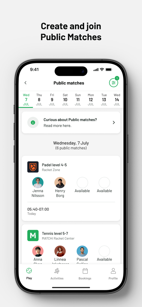 MATCHi - A mobile screen from the MATCHi app showing a list of available public padel and tennis matches for users to join.