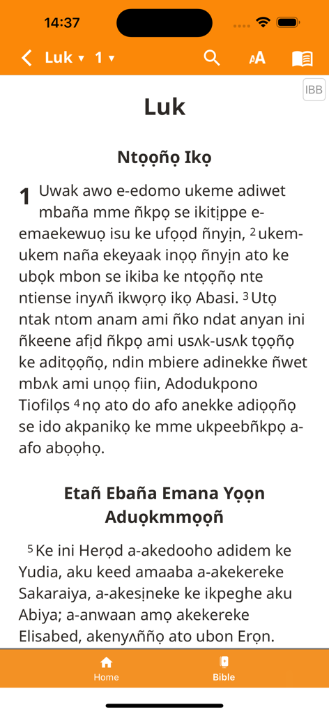 Screenshot of the Adisana Ñwed Abasi app showing the Gospel of Luke chapter 1 in the Ibibio language.