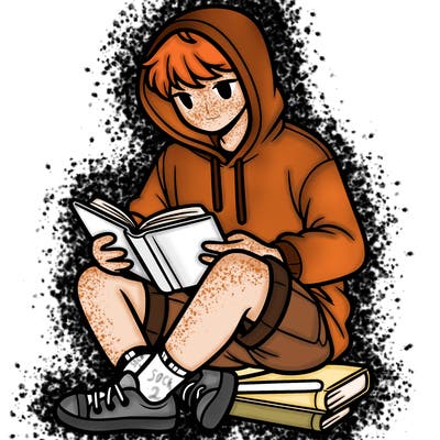 a guy the hoodie and shorts reading a book