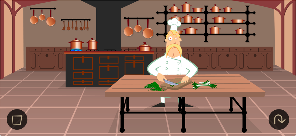 Chef de desenho animado picando ervas em uma cozinha de mansão.