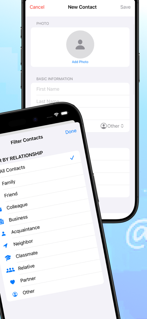 Interfaz de la aplicación New Contact Plus que muestra la creación de contactos y categorías de filtros de relaciones para la organización de redes