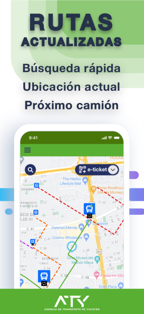 Va-y-Ven - Interface de l'application Va-y-Ven montrant une carte avec les itinéraires de bus publics et des informations de transport en temps réel au Yucatan