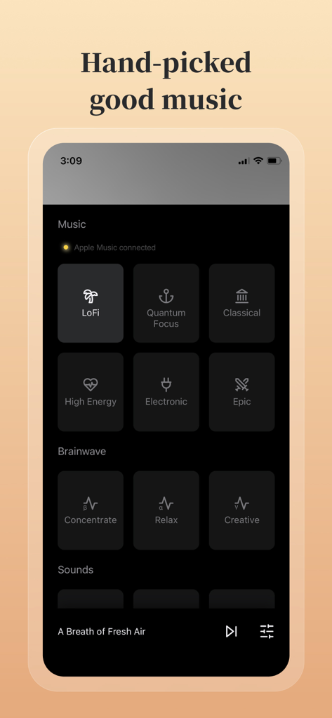 Mind Zen · Focus & Sleep Music - Mind Zen app interface showing hand-picked music categories like LoFi and Classical for focus and sleep