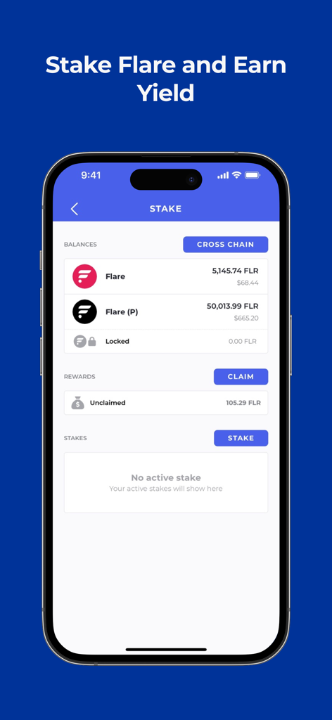 Bifrost Wallet mobile app interface showing Flare network staking and reward claiming screen