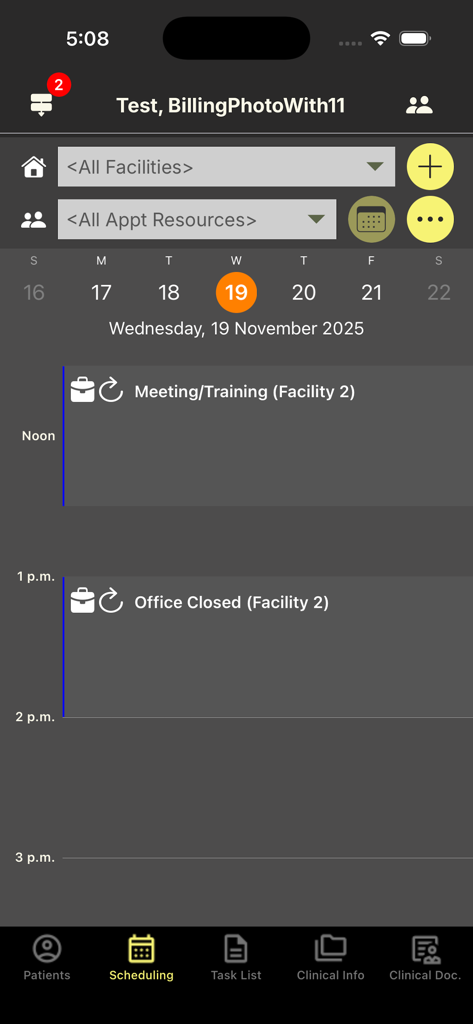 PatientNow - PatientNow mobile app scheduling screen showing a daily calendar with medical practice meetings and office hours