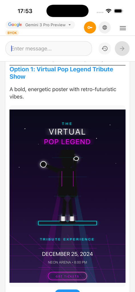 GG AI Chat - GG AI Chat interface displaying a generated poster for a virtual pop legend tribute show.