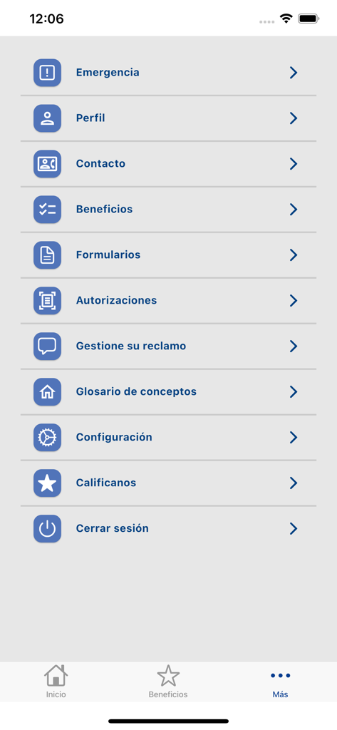 RPN health app main menu interface showing account settings, authorizations, and health insurance benefits.