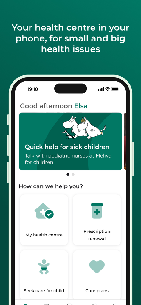 Meliva Sweden - The Meliva Sweden app dashboard showing quick links for prescription renewal, pediatric care, and health center services.