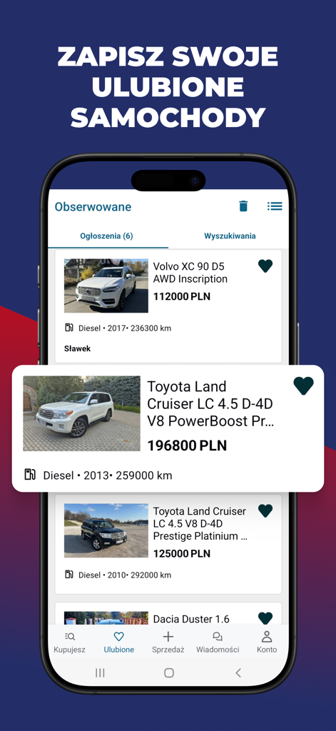 Smartphone screen of the OTOMOTO app showing a list of saved favorite car listings including Volvo and Toyota
