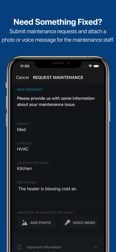 RentCafe Resident - RentCafe Resident app maintenance request form showing fields for priority, category, and description with options to add photos and voice memos.
