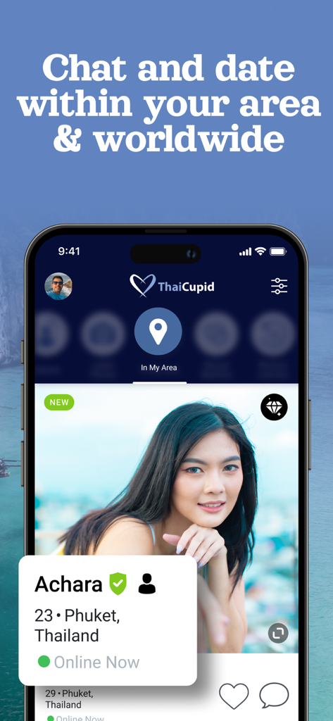 Capture d'écran de l'application ThaiCupid montrant le profil d'une femme de Phuket avec des options pour discuter et sortir localement ou dans le monde entier.