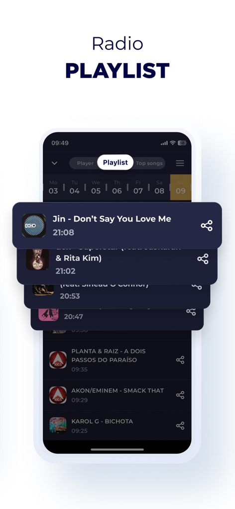 Radio Paraguay - Live FM & AM - Radio Paraguay app interface showing a detailed playlist history of songs played on a radio station.