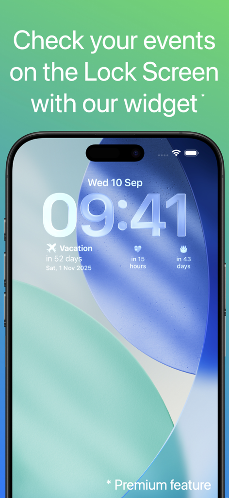 IPhone lock screen showing countdown widgets for vacation and other events