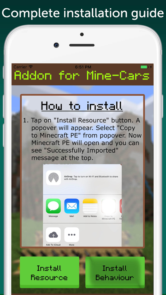 MineCars AddOn for Minecraft PE - Uno screenshot mobile che mostra una guida passo passo su come installare il MineCars AddOn per Minecraft Pocket Edition