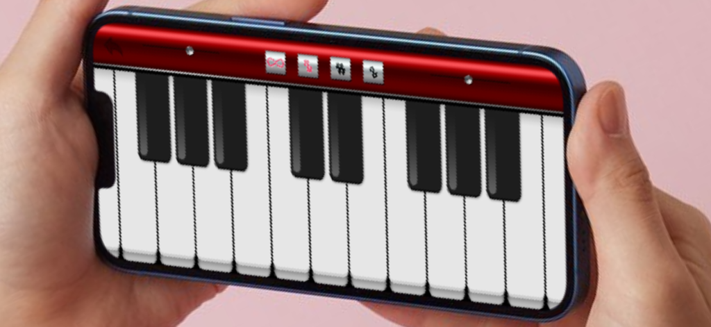 A smartphone held in hands displaying the virtual piano keyboard interface of the Real Piano app.