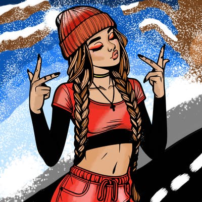realistic teenage girl with braids and a beanie and crop top doing 🫶🏼