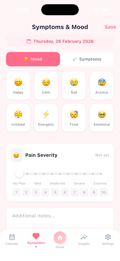 My PinkCycle - Period Tracker - Pantalla de registro de estado de ánimo y síntomas en la aplicación My PinkCycle con opciones de emoji y una escala de intensidad del dolor.