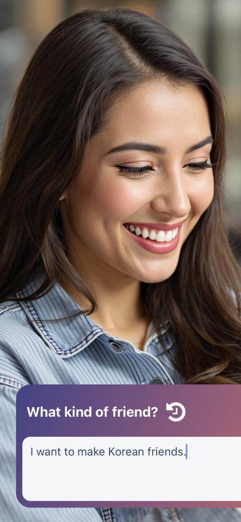 Hiyo: Korea,friends,world,talk - Una joven sonriente usando la aplicación Hiyo para encontrar amigos coreanos