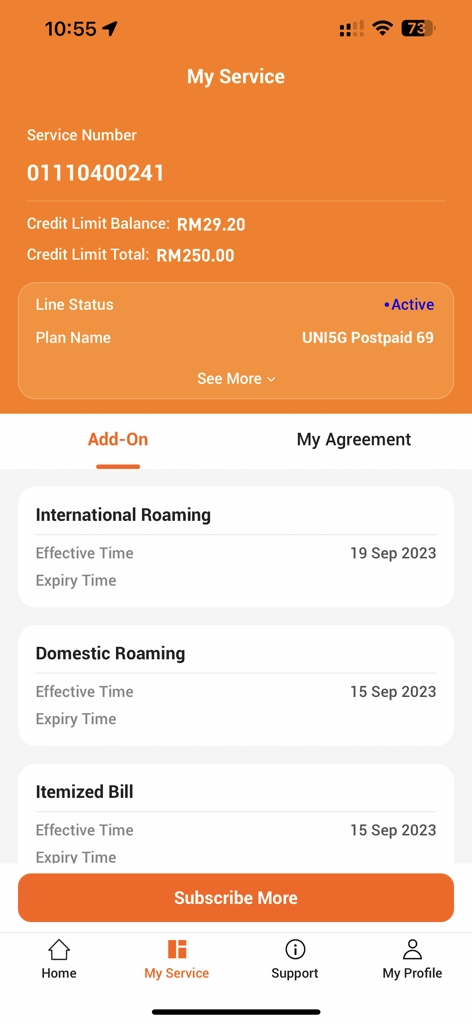 Unifi UniVerse - Unifi UniVerse app interface showing service number plan details and active roaming add ons