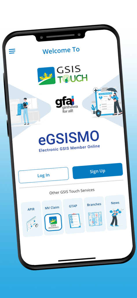 GSIS Touch - Pantalla de bienvenida de la aplicación GSIS Touch con opciones de inicio de sesión y registro, e iconos de servicios para miembros.