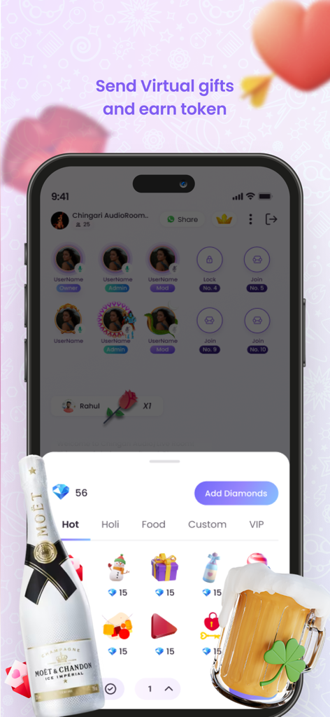 Interface of Chingari app showing virtual gifts and diamond tokens in an audio room