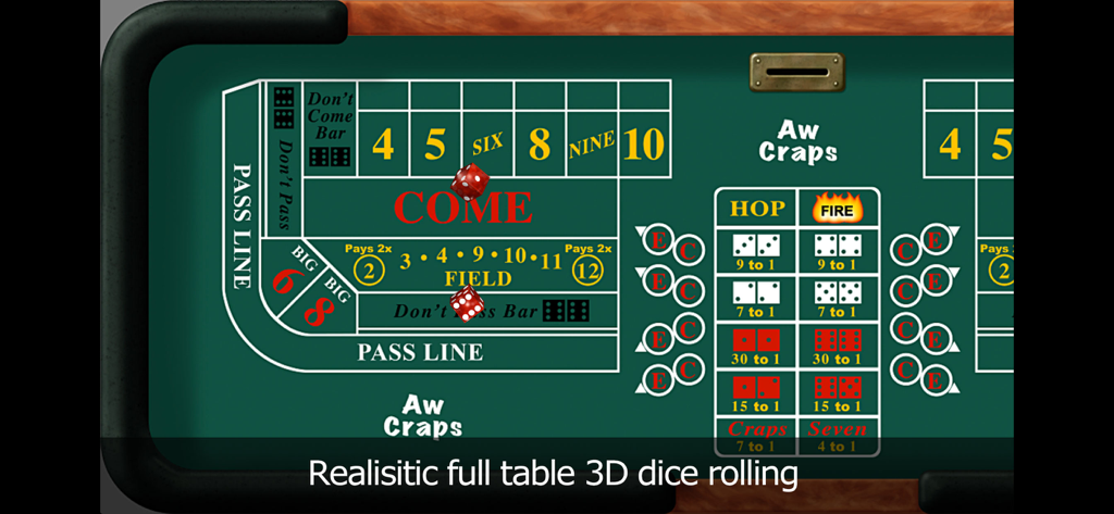 Dados 3D realistas rodando en el diseño de mesa del simulador Aw Craps