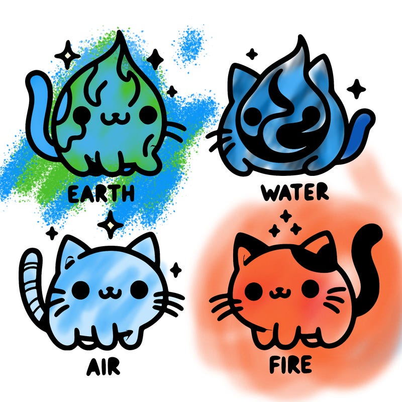 4 cats that represent the different elements, earth, water, air, and fire