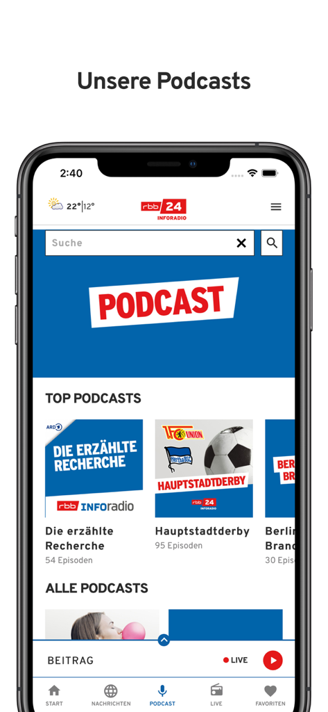 rbb24 Inforadio - Mobile app interface of rbb24 Inforadio showing the podcast section with top shows and search functionality