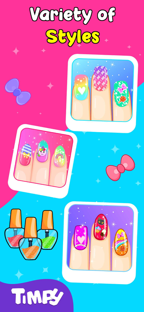 Nail Art Salon Games For Girls - Uma vitrine de diferentes designs e estilos de unhas em um jogo de salão de unhas para crianças