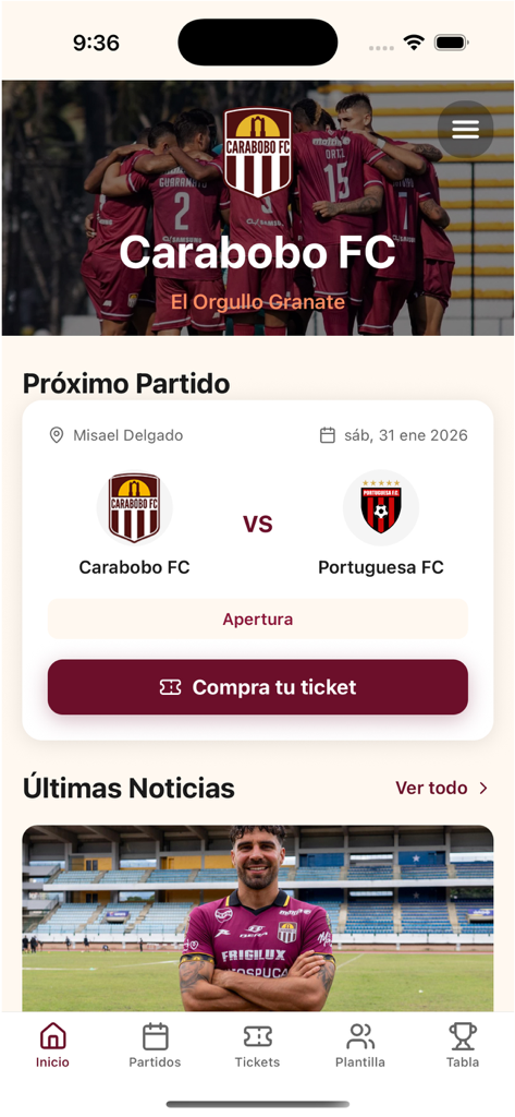 Carabobo FC - Schermata principale dell'app Carabobo FC con la prossima partita di calcio e le notizie della squadra