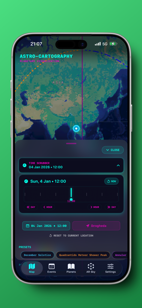 Astro-Cartography - 時間スクラバーツールを備えた世界地図上の惑星ラインを示すアストロ・カルタグラフィーアプリのモバイルインターフェース