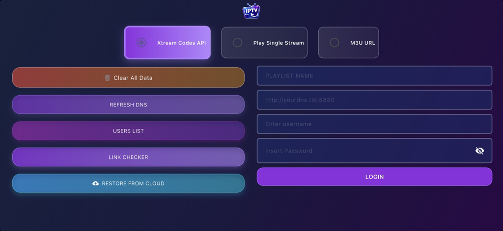 Smarter IPTV Stream: LiveTV - Interface de configuração do aplicativo Smarter IPTV Stream mostrando opções de login da API Xtream Codes