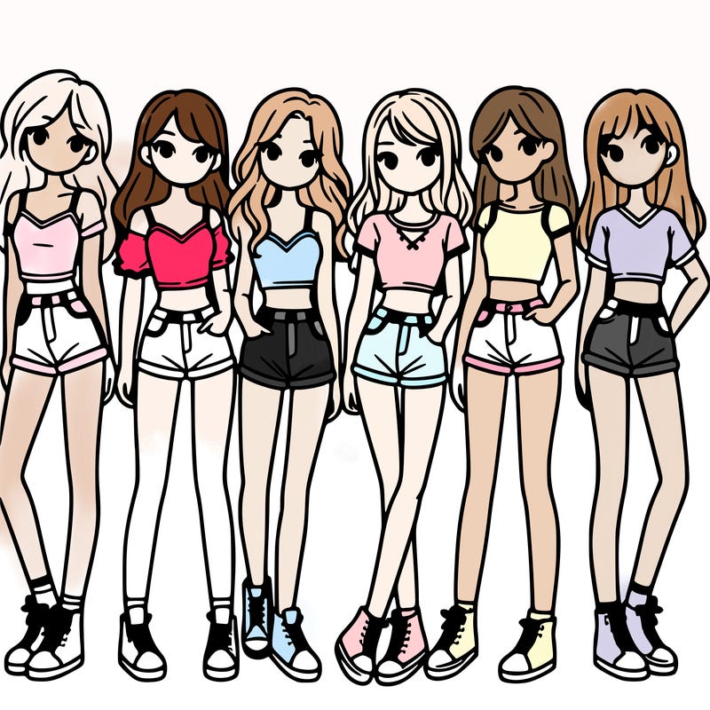 a group of girls wearing crop tops and shorts
