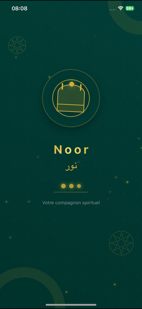 Splash screen of the Noor Islamic app featuring the title in English and Arabic on a green background