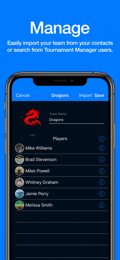 Interface do aplicativo Tournament Manager para criar times e importar jogadores
