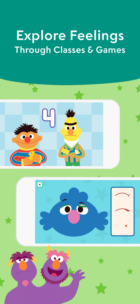 Learn with Sesame Street - Interfaz de la aplicación Aprende con Plaza Sésamo que muestra juegos interactivos y clases para ayudar a los niños a explorar sentimientos