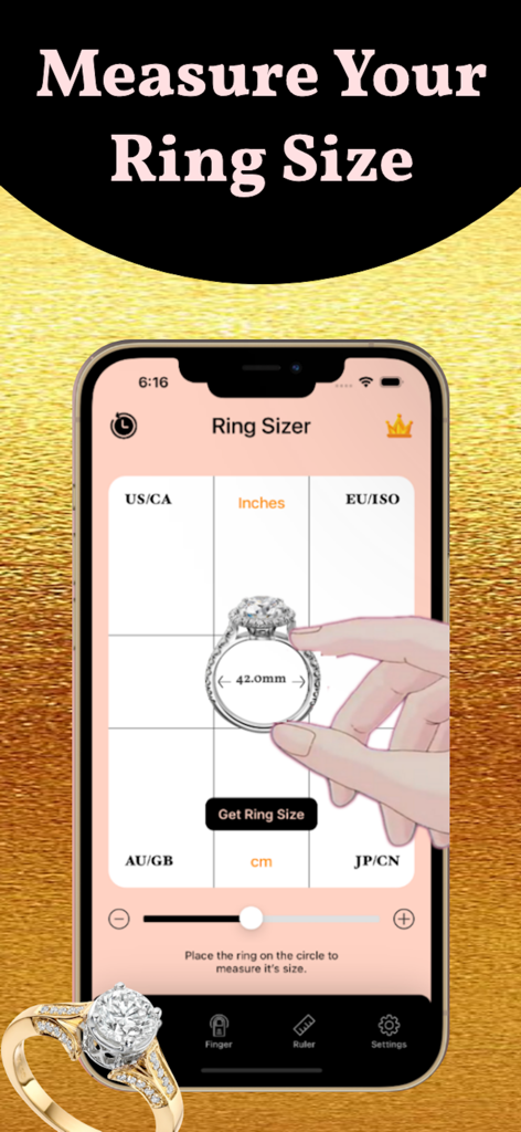Ring Sizer - Ring Size Measure - Mobile app interface showing how to measure a ring size using a digital grid and slider