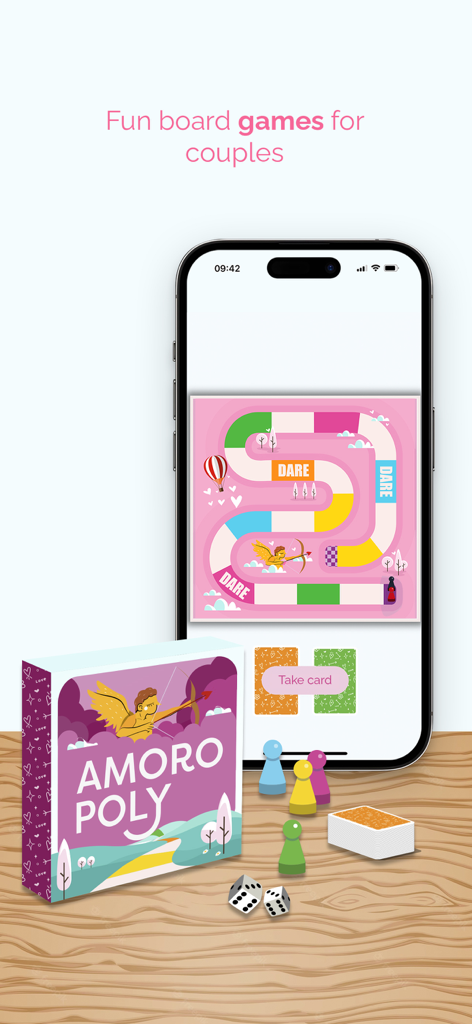 Duo: Game for couples - Smartphone screen showing the Amoropoly board game mode in the Duo app for couples.