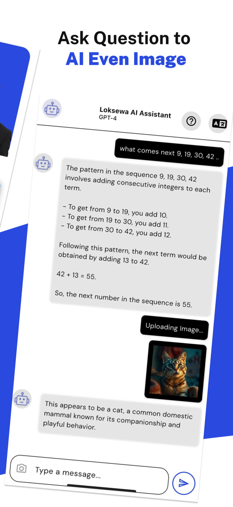 Loksewa Tayari  Offline - 2082 - AI assistant interface in the Loksewa Tayari app solving a math pattern and recognizing an uploaded image