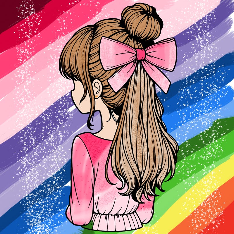 realistic girl  with hip length hair a bun and a big bow on the back of head