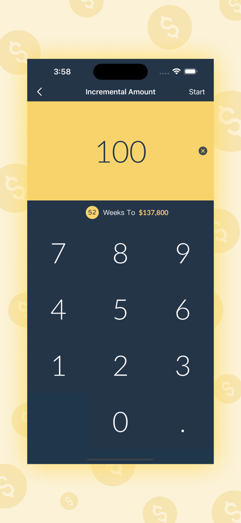 52 Weeks Money Challenge - Oberfläche der 52-Wochen-Geld-Challenge-App, die den Einrichtungsbildschirm zur Eingabe eines wöchentlichen inkrementellen Sparbetrags mit einer numerischen Tastatur zeigt.