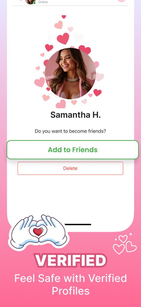 Flirtbees - Live Video Chat - A screenshot of a verified user profile on the Flirtbees live video chat app with options to add as a friend or delete.