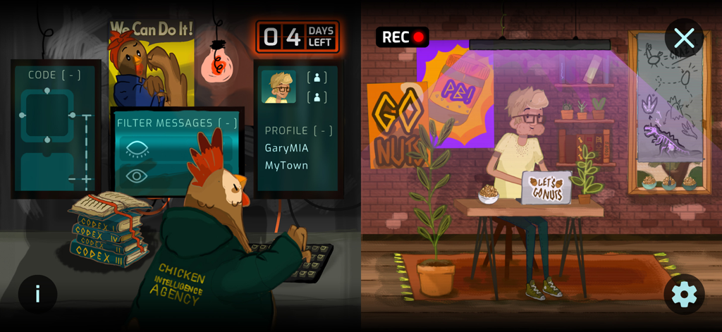 Chicken Intelligence Agency - Um agente secreto de frango monitorando um alvo humano através de uma interface de vigilância digital