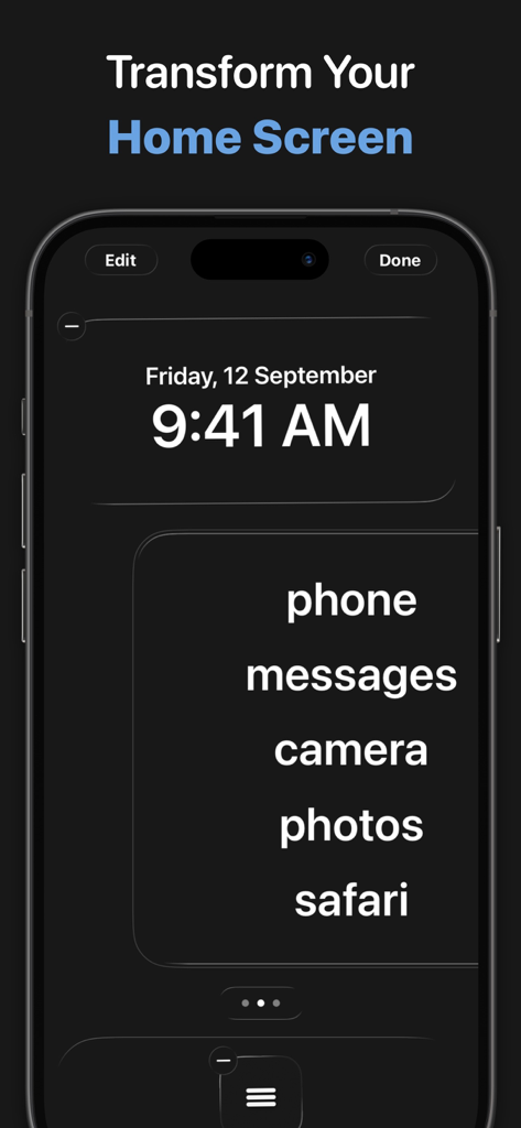 A minimalist iPhone home screen with text based app labels on a dark background