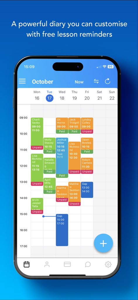 Total Drive app interface showing a color-coded weekly diary with scheduled driving lessons and payment statuses