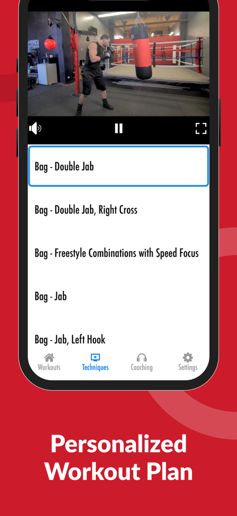 Learn to Box - Learn to Box app interface displaying a video tutorial for bag drills and a list of boxing techniques.